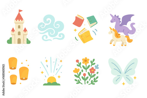 Imaginative Icon Parade. Flat vector mini-illustrations ivory tower and imagination in colors children's illustrations: flying