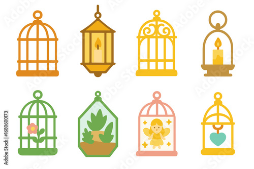 Decorative Cage Icons. Flat vector mini-illustrations decorative cages in colors children's illustrations: vintage bird cage,