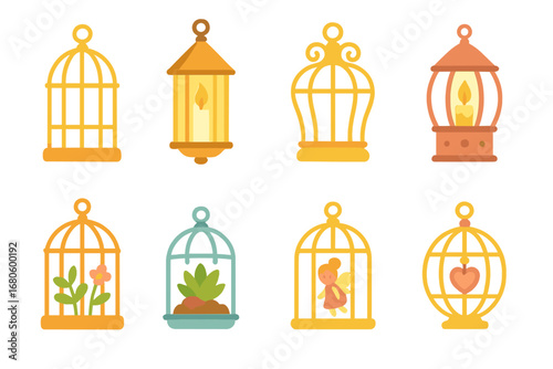 Decorative Cage Icons. Flat vector mini-illustrations decorative cages in colors children's illustrations: vintage bird cage,