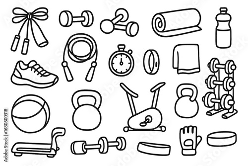 Home Workout Essentials. Hand-drawn doodle illustration Workout accessories for home resistance bands, dumbbells, yoga mat, water