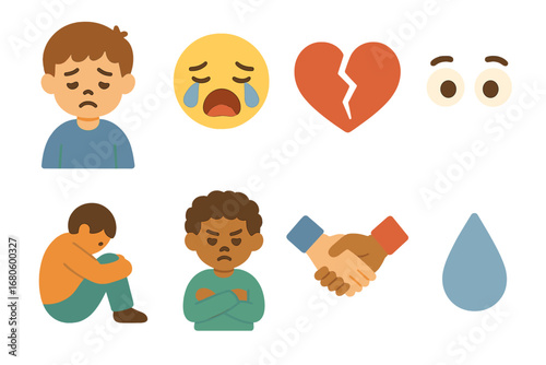 Divorce Emotions Icons. Flat vector mini-illustrations divorce emotions in colors children's illustrations: sad child, crying face
