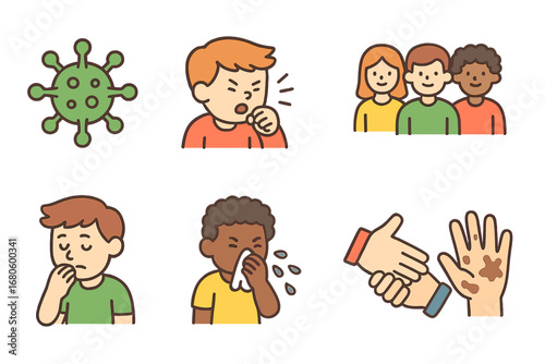 Disease Spread Icons. Flat vector mini-illustrations disease spread in colors children's illustrations: virus particle, coughing