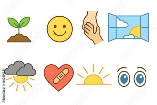Hope and Healing Icons. Flat vector mini-illustrations despair and recovery in colors children's illustrations: growing plant,