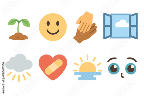 Hope and Healing Icons. Flat vector mini-illustrations hopelessness and recovery in colors children's illustrations: growing plant