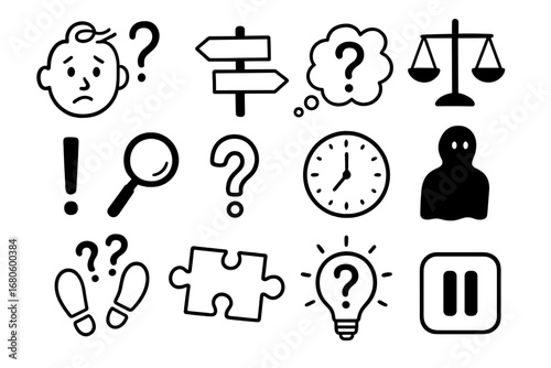 Doodled Decision Dilemma. Hand-drawn doodle illustration second guessing confused face, question mark, thought bubble, forked path