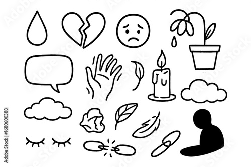 Doodle of Emotions. Hand-drawn doodle illustration emotional feebleness tear drop, broken heart, sad face, drooping flower, fading