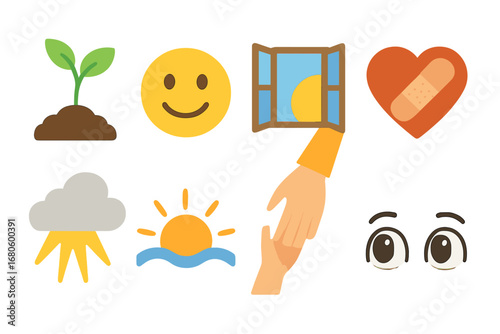 Hope and Healing Icons. Flat vector mini-illustrations hopelessness and recovery in colors children's illustrations: growing plant
