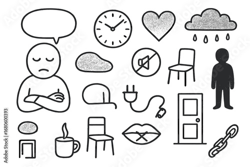 Doodle of Solitude Symbols. Hand-drawn doodle illustration apathy blank face, folded hands, empty speech bubble, closed eyes,