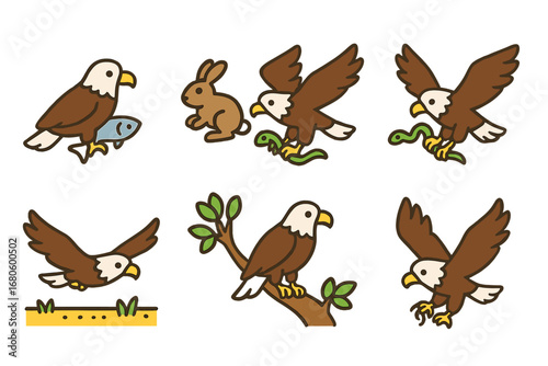 Eagle's Colorful Prey Icons. Flat vector mini-illustrations eagle and prey in colors children's illustrations: eagle with fish,