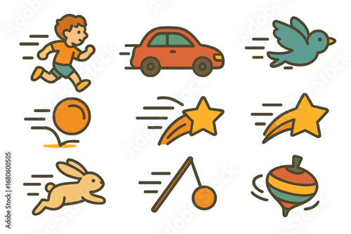 Dynamic Movement Icons. Flat vector mini-illustrations motion lines in colors children's illustrations: running child, speeding
