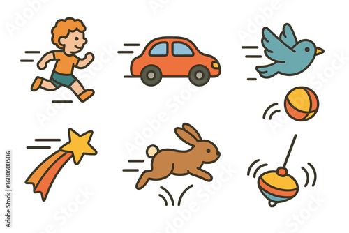 Dynamic Movement Icons. Flat vector mini-illustrations motion lines in colors children's illustrations: running child, speeding