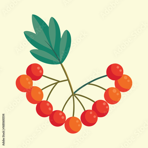Stylized image of vibrant rowan berries and foliage against a pale background