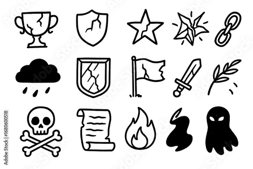 Infamous Legacy Symbols. Hand-drawn doodle illustration infamous legacy broken trophy, cracked shield, fallen star, shattered
