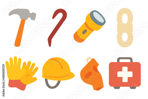 Earthquake Safety Tools. Flat vector mini-illustrations earthquake tools in colors children's illustrations: hammer, crowbar,