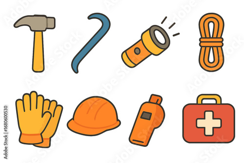 Earthquake Safety Tools. Flat vector mini-illustrations earthquake tools in colors children's illustrations: hammer, crowbar,
