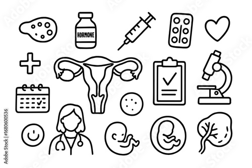 Hormone Production Icons. Hand-drawn doodle illustration ovaries hormone production ovaries, hormone vial, syringe, pill, uterus,