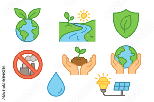 Eco-Friendly Icons. Flat vector mini-illustrations environmental protection in colors children's illustrations: globe with leaves,