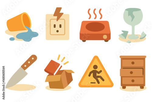 Household Safety Icons. Flat vector mini-illustrations household accidents in colors children's illustrations: spilled water,