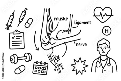 Elbow Joint Doodle. Hand-drawn doodle illustration elbow joint movement elbow joint, muscle, ligament, nerve, syringe, pill,