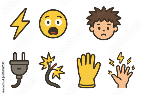 Electric Shock Icons. Flat vector mini-illustrations electric shock in colors children's illustrations: lightning bolt, shocked