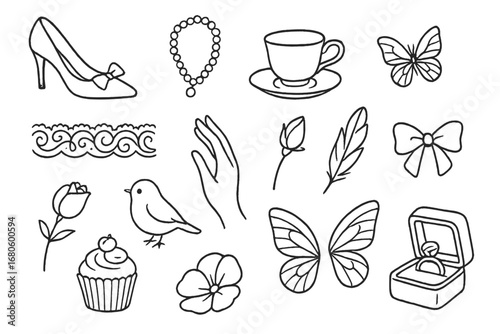Elegant Doodle Icons. Hand-drawn doodle illustration petite elegance dainty shoe, pearl necklace, butterfly, lace pattern, ribbon,
