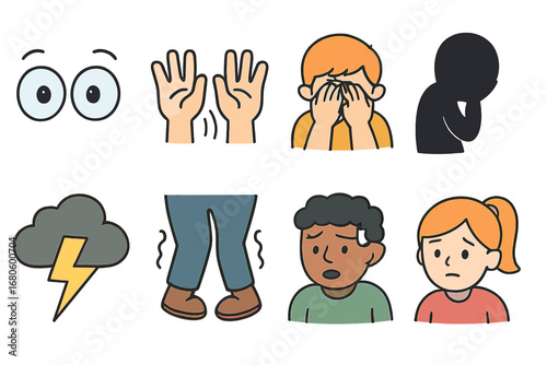 Emotional Icons in Color. Flat vector mini-illustrations bankruptcy and emotions in colors children's illustrations: fear, anxiety
