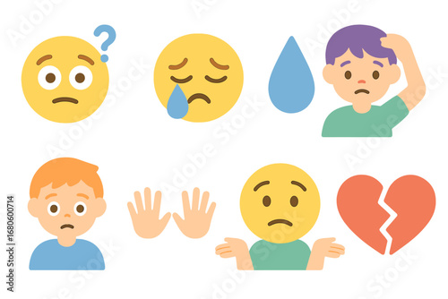 Emotions Grid Icons. Flat vector mini-illustrations mistake emotions in colors children's illustrations: confused face, sad eyes,