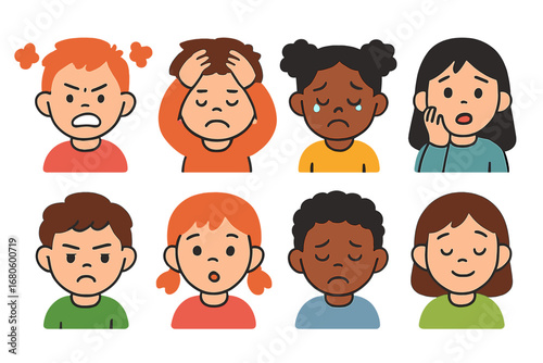 Emotions Grid Illustration. Flat vector mini-illustrations conflict and emotions in colors children's illustrations: anger,