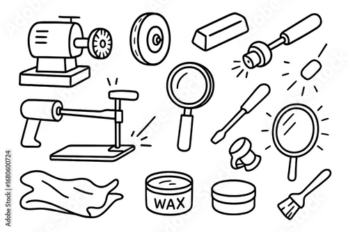 Industrial Polishing Tools. Hand-drawn doodle illustration industrial refine polishing machine, buffing pad, rotary tool,