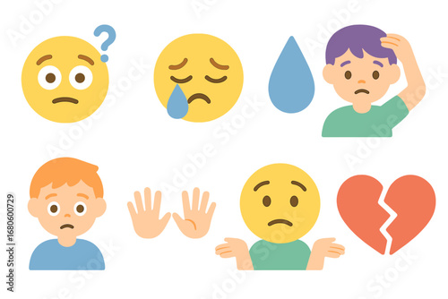 Emotions Grid Icons. Flat vector mini-illustrations mistake emotions in colors children's illustrations: confused face, sad eyes,