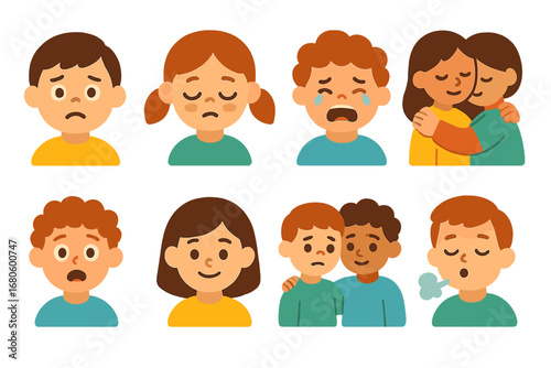 Epidemic Emotions Icons. Flat vector mini-illustrations epidemic emotions in colors children's illustrations: worried face, tired