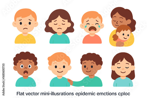 Epidemic Emotions Icons. Flat vector mini-illustrations epidemic emotions in colors children's illustrations: worried face, tired