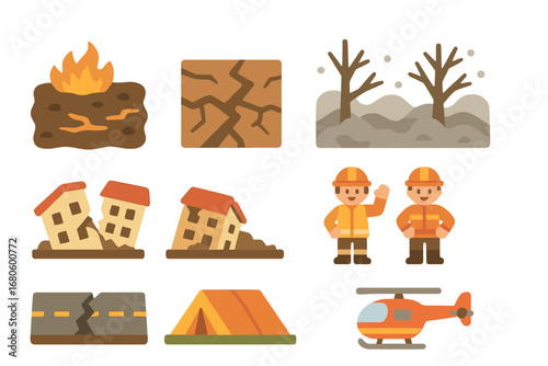 Eruption Aftermath Icons. Flat vector mini-illustrations eruption aftermath in colors children's illustrations: scorched earth,