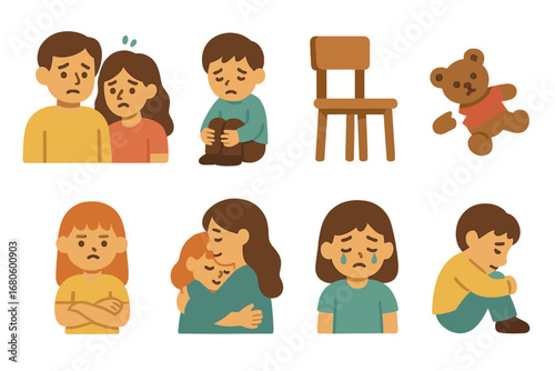 Family Emotions Icons. Flat vector mini-illustrations injustice and family impact in colors children's illustrations: worried
