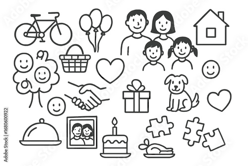 Family Fun Doodles. Hand-drawn doodle illustration blended family activities bicycle, picnic basket, balloons, smiling faces,