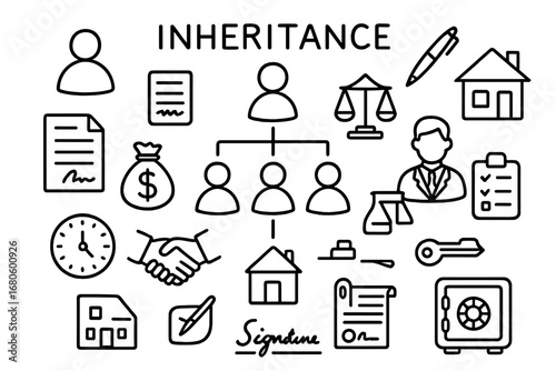 Inheritance Symbols Doodle. Hand-drawn doodle illustration inheritance heir family tree, person icon, document, money bag, house,