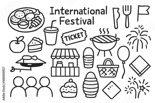 International Food Festival Icons. Hand-drawn doodle illustration International festival food and drinks food platter, beverage