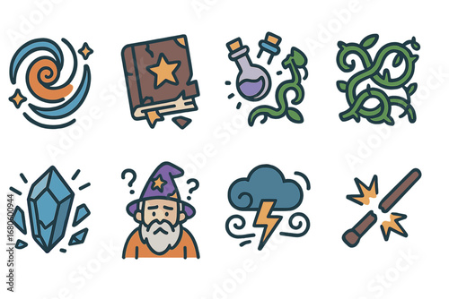 Fantasy Chaos Icons. Flat vector mini-illustrations chaos in fantasy in colors children's illustrations: swirling magic, broken