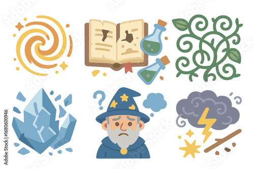 Fantasy Chaos Icons. Flat vector mini-illustrations chaos in fantasy in colors children's illustrations: swirling magic, broken