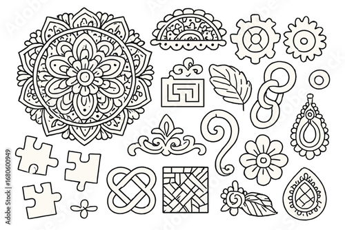 Intricate Mandala Doodle. Hand-drawn doodle illustration intricate mandala, gears, lace pattern, filigree, puzzle pieces, maze,