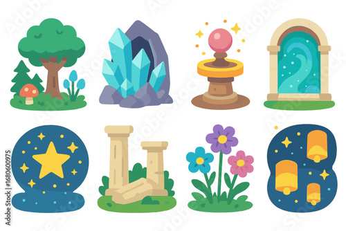 Fantasy Enchantress Icons. Flat vector mini-illustrations fantasy enchantress settings in colors children's illustrations: