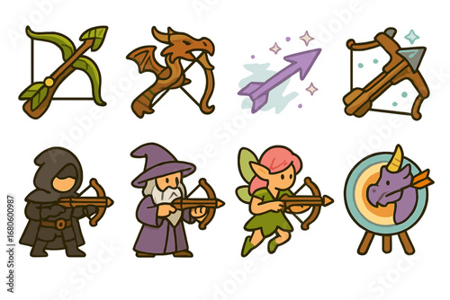 Fantasy Crossbow Icons. Flat vector mini-illustrations crossbow in fantasy settings in colors children's illustrations: elven