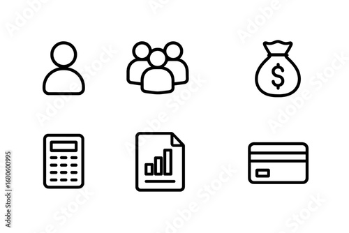 Investment Icon Set. Outline icon set of investment fund investors: person, group, handshake, money bag, calculator, report,
