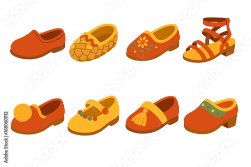 Folk Shoes Illustration. Flat vector mini-illustrations folk shoes in colors children's illustrations: bashmak shoe, woven sole,