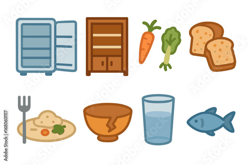 Food Scarcity Icons. Flat vector mini-illustrations poverty and food scarcity in colors children's illustrations: empty fridge,