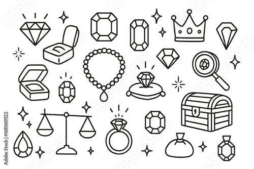 Jewelry Treasure Sketch. Hand-drawn doodle illustration precious gems diamond, ruby, sapphire, emerald, jewelry box, sparkle stars
