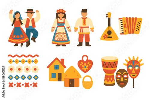 Folk Festival Icons. Flat vector mini-illustrations folk in colors children's illustrations: folk dancers, traditional costumes,