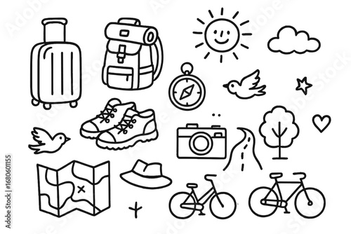 Journey Essentials Doodle. Hand-drawn doodle illustration journeys alone suitcase, backpack, compass, walking shoes, map, camera,