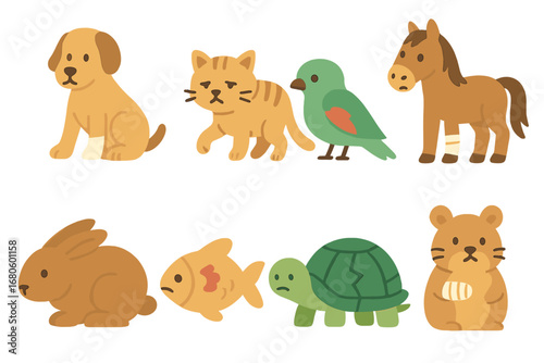 Injured Animals Icons. Flat vector mini-illustrations pain in animals in colors children's illustrations: dog with paw bandage,