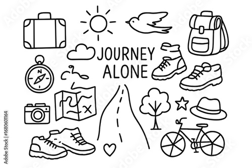 Journey Essentials Doodle. Hand-drawn doodle illustration journeys alone suitcase, backpack, compass, walking shoes, map, camera,
